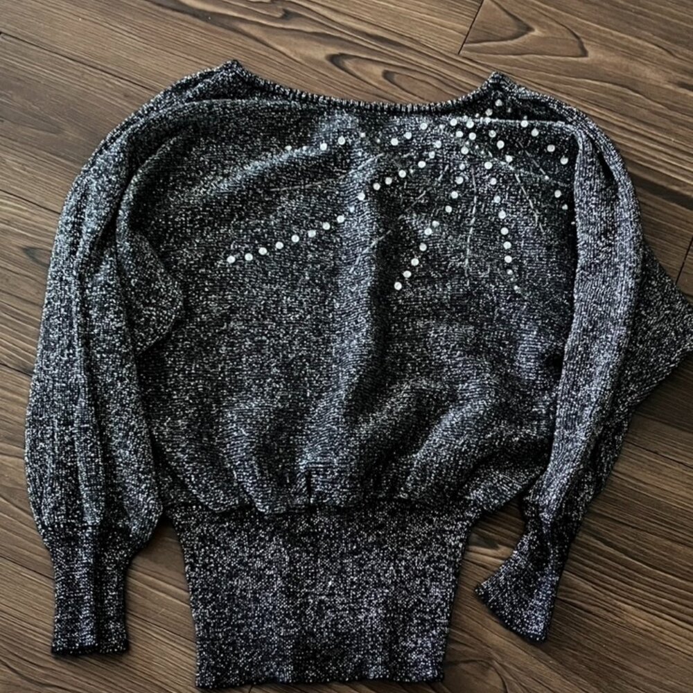 Vintage 1980s Black/Silver Metallic Sequin Starburst Dolman Sweater M - Picture 3 of 9
